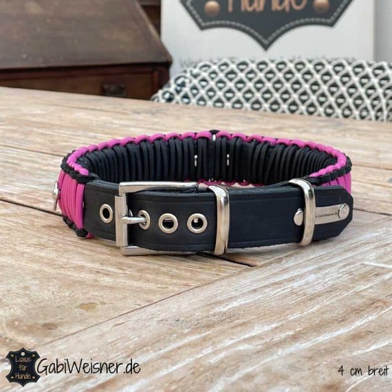 Hundehalsband verstellbar, Leder 4 cm breit. Pink, Candy, Schwarz, 5 Ösen.