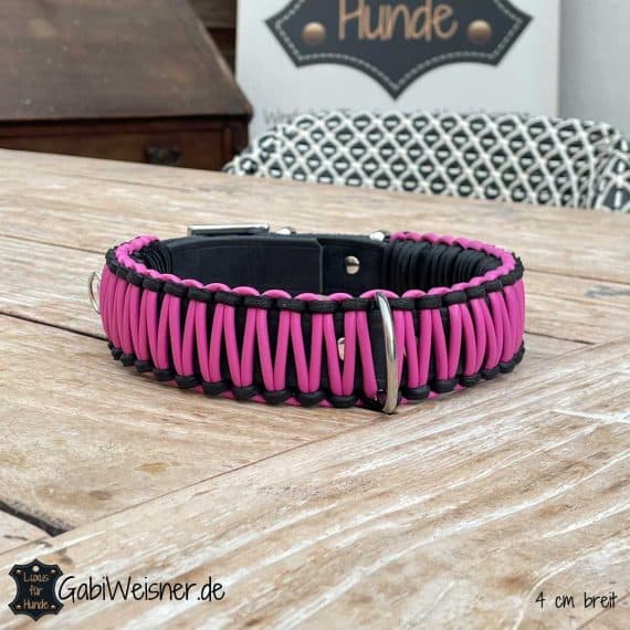 Hundehalsband verstellbar, Leder 4 cm breit. Pink, Candy, Schwarz, 5 Ösen.