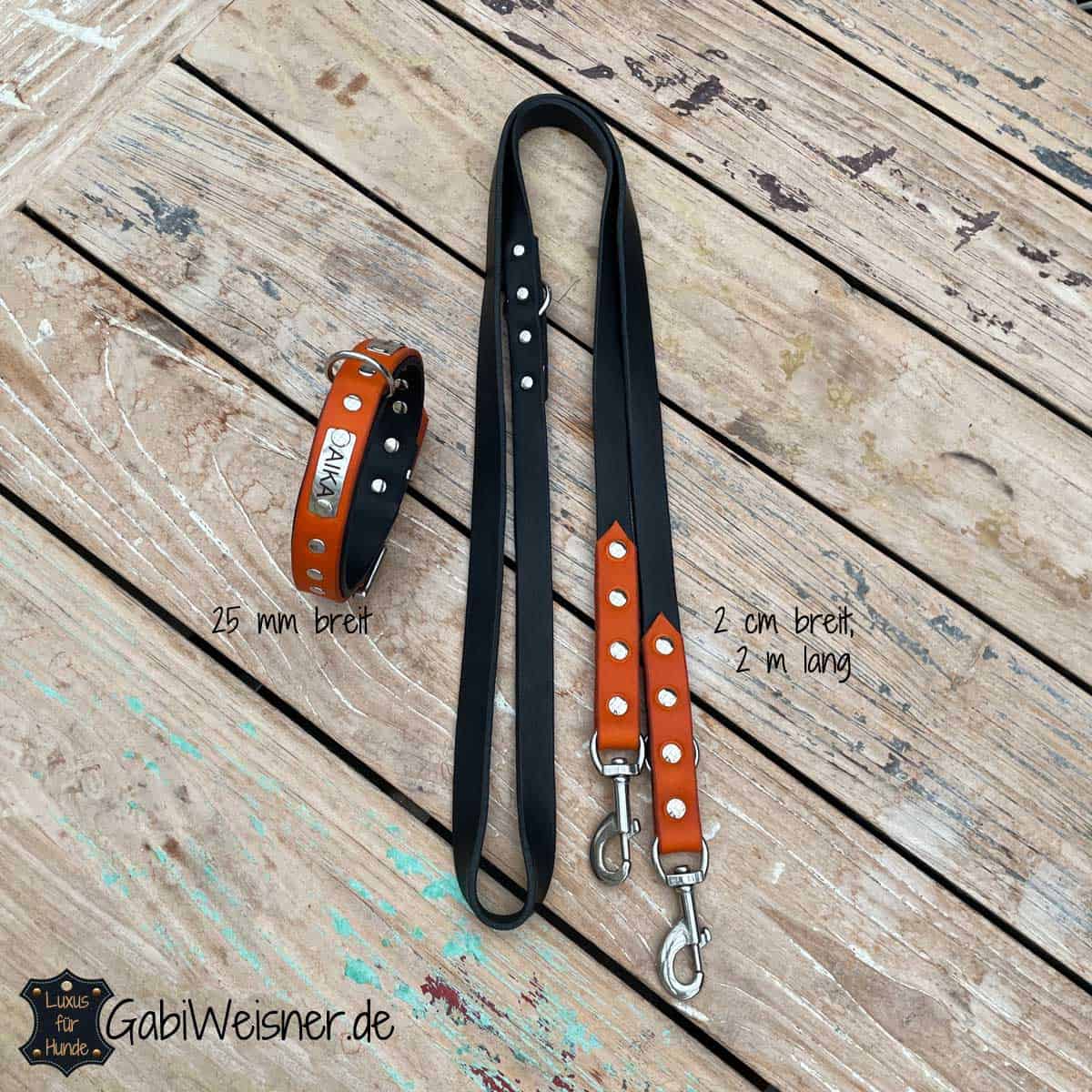 SET Hundehalsband und Leine aus Leder. Personalisiert mit Name und Telefonnummer