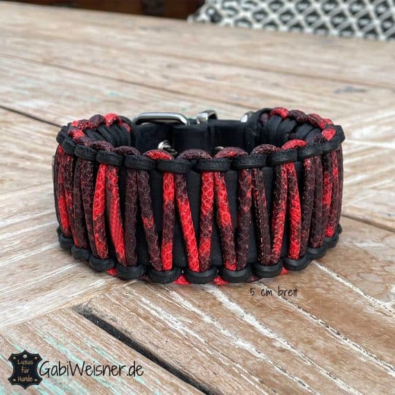 Windhundhalsband 5 cm breit, Leder mit Schlangenleder-Prägung in Rot, kleine Hunde