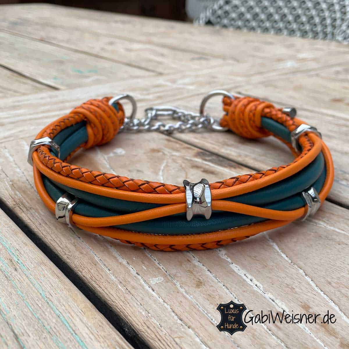 Hundehalsband aus Leder in Petrol und Orange