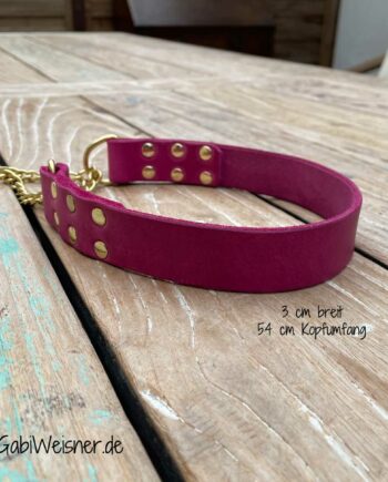 Hundehalsband mit Zugstopp-Kette aus Messing. Dickes weiches Leder in Pink. 3 cm breit. 54 cm Kopfumfang. Sofort Lieferbar.