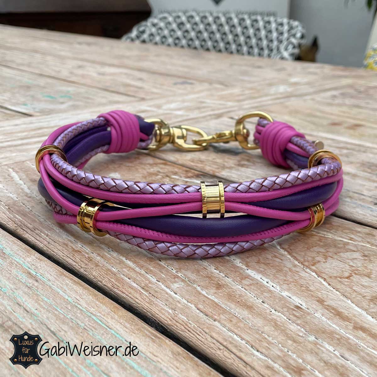 Luxus Hundehalsband, Leder Mix mit Lila/Pink/Gold