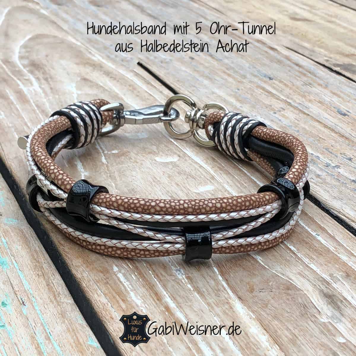 Hundehalsband mit Halbedelstein, Achat in Schwarz, Leder 3 cm breit.