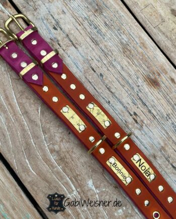 Hundehalsband mit Namen und Telefonnummer personalisiert. Dickes weiches Leder in Orange und Pink, 25 mm breit. Bonnie