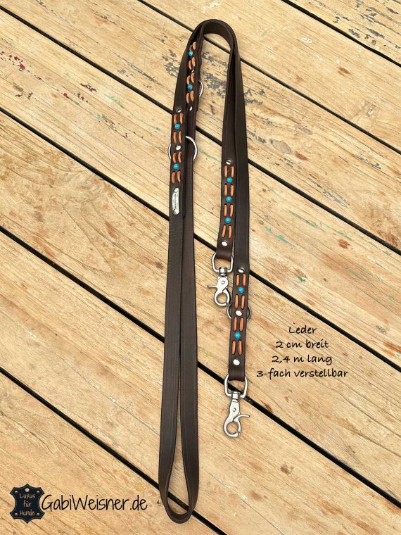 Hundeleine aus Leder 2 cm breit 2,4 m lang 3-fach verstellbar