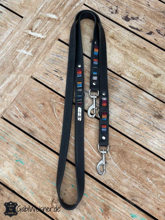 Hundeleine aus Leder 25 mm breit 2 m lang schwarz bunt Ethno-Look.