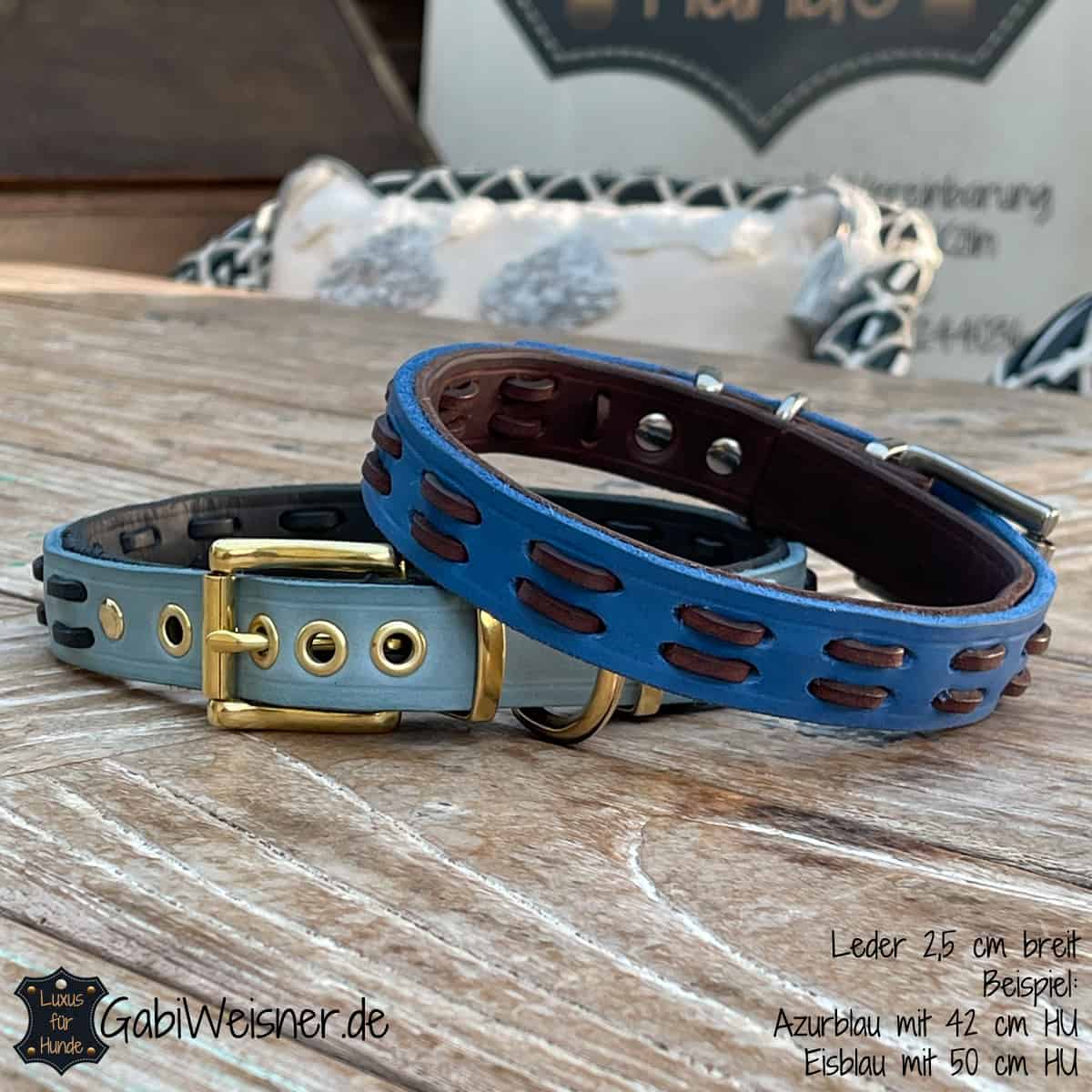 Hundehalsband aus Leder Braun Azurblau Edelstahl Schwarz Eisblau Messing