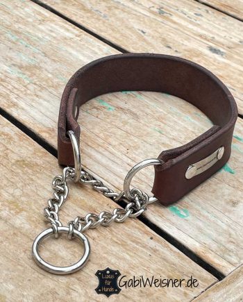 Hundehalsband mit Zugstopp-Kette. Eine Lage dickes weiches Leder 3 cm breit geschnitten. Bestückt mit langer oder kurzer Zugstopp-Kette aus Edelstahl oder Messing.