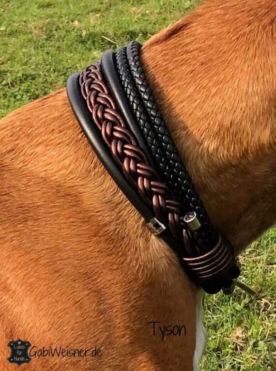 Luxus Hundehalsband 5 cm breit. Leder Mix in Schwarz und Braun. Bestückt mit Edelstahl oder Messing Haken und Doppelwirbel.