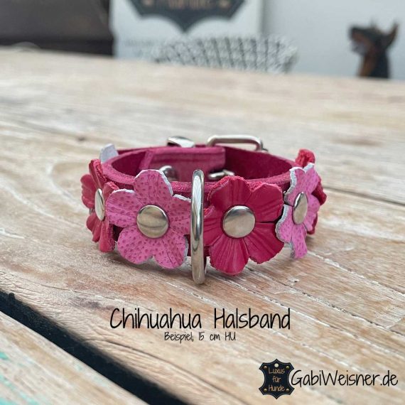 Chihuahua Halsband mit Blumen aus Leder, Farbe nach Wunsch