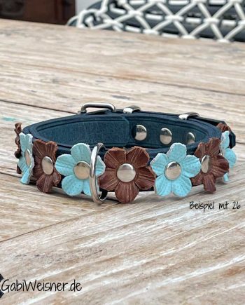 Halsband für ganz kleine Hunde, mit Blumen aus Leder, Farbe nach Wunsch. Blau Braun.