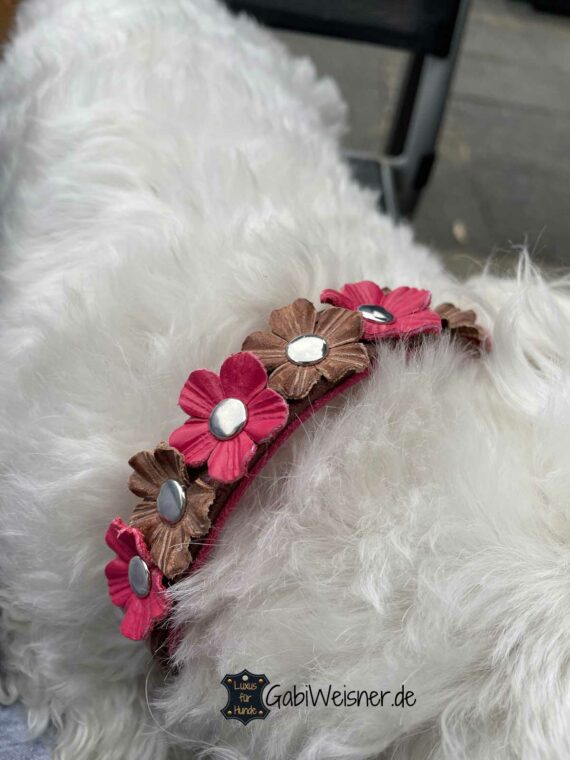 Hundehalsband für kleine Hunde, dekoriert mit Blumen aus Leder