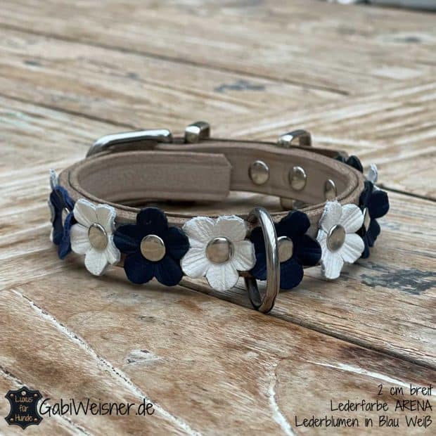 Halsband für kleine Hunde Blumen aus Leder Arena Blau Weiß.
