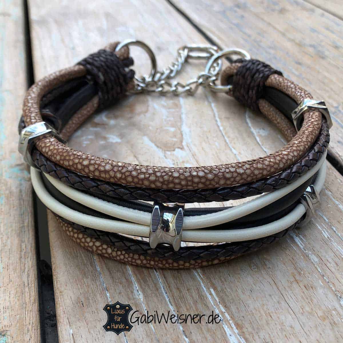 Hundehalsband aus Leder im Mix mit Braun, Beige, Weiß