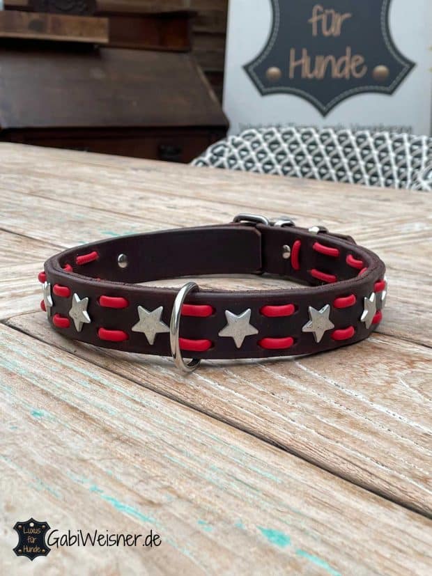Hundehalsband aus Leder für große Hunde. Dickes weiches Leder 3 cm breit geschnitten und dekoriert mit Steppmuster aus Nappaleder und Sternen