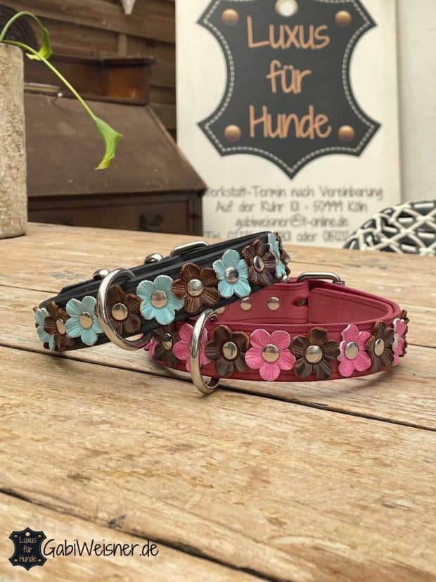 Hundehalsband mit Blumen aus Leder, 3,4 cm breit, Farbe nach Wunsch, GREY, Türkis, Braun. Rosa, Pink, Braun.