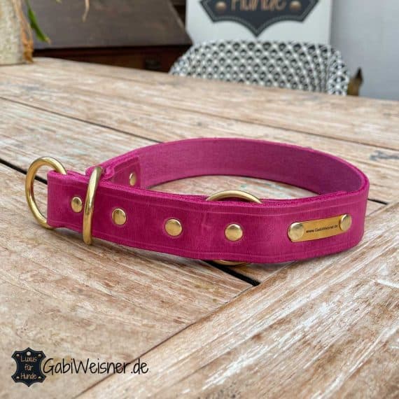 Hundehalsband mit Zugstopp, Leder Pink 3 cm breit, Messing Ringe