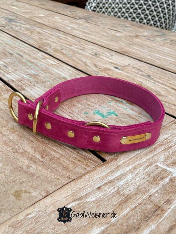 Hundehalsband mit Zugstopp, Leder Pink 3 cm breit, Messing Ringe