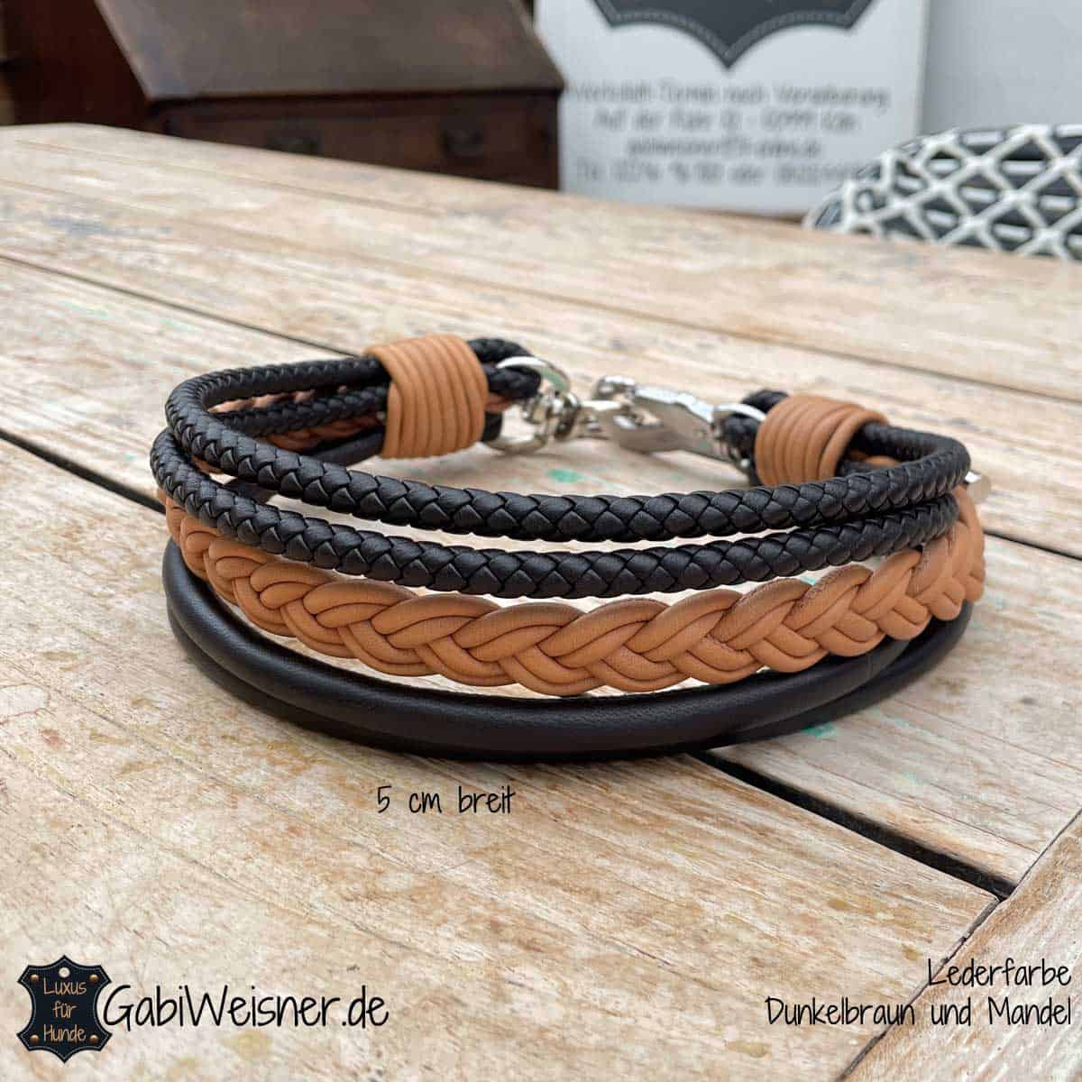 Luxus Hundehalsband aus Nappaleder 5 cm breit. Dabei ist der breite Zopf in der Mitte und die Umwicklung der Enden in einer Farbe nach Wunsch wählbar.