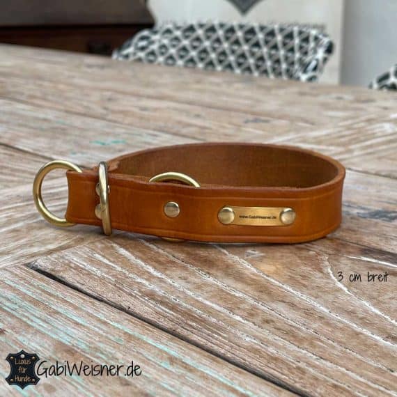 Hundehalsband aus Leder 3 cm breit Cognac mit Zugstopp Messing Ring