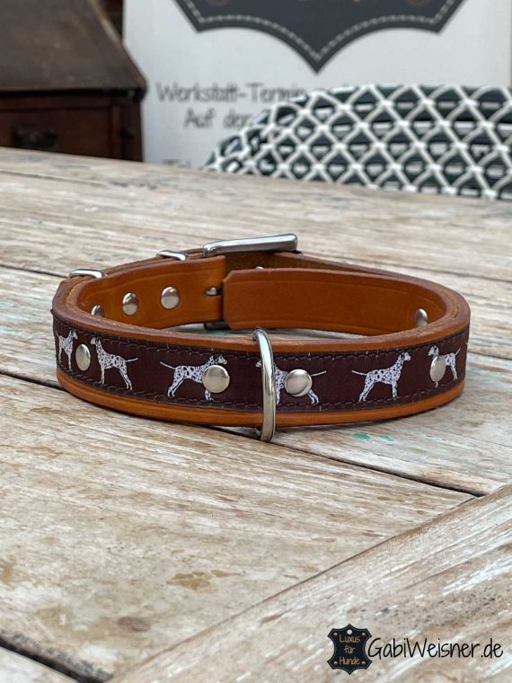 Hundehalsband mit Dalmatiner Webband auf Leder, Cognac 25mm breit