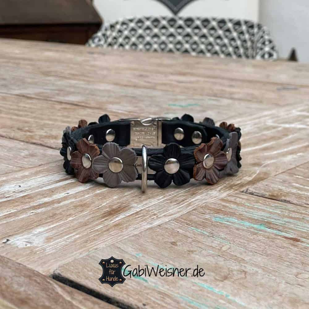 Monkimau Hundehalsband Aus Leder – Schwarz Mit Weißer Zierflechtung, Größe S-M, Robust & Bequem