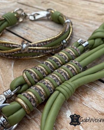 Luxus Hundehalsband SET aus Leder. Edle Nappaleder in den Farben Khaki, Gold und Leopard.