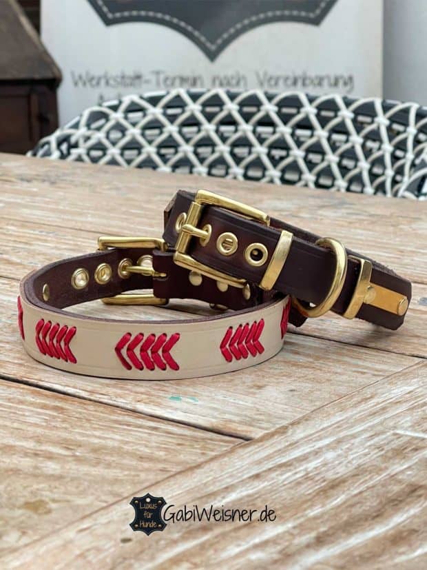 Hundehalsband aus Leder in Beige, DEKO nach Wunsch mit 5er-V-Muster in den zur Auswahl stehenden Farben. Bestückt mit Edelstahl oder Messing