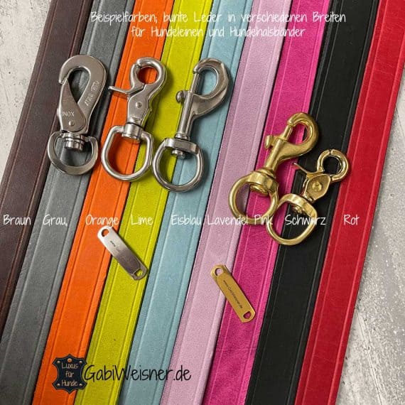 Beispielfarben; bunte Leder in verschiedenen Breiten für Hundeleinen und Hundehalsbänder