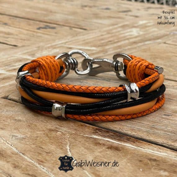 Hundehalsband aus Leder Orange Schwarz.