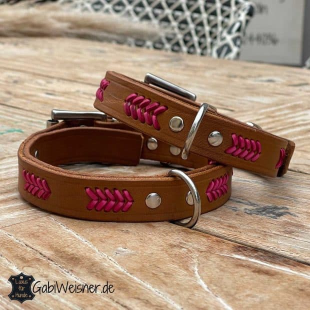Hundehalsband aus Leder 25 mm breit. Dickes weiches Rindsleder in Sonderfarben, dekoriert mit 5er-V-Muster in den zur Auswahl stehenden Farben.