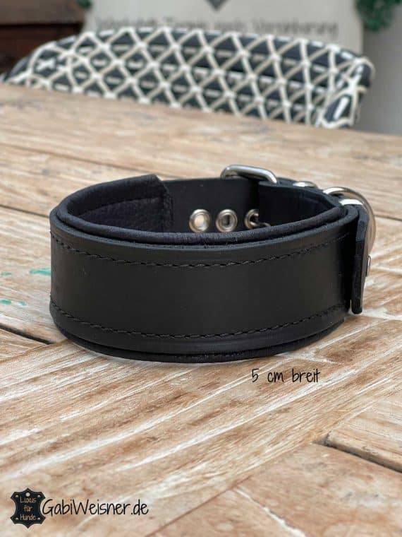 Hundehalsband aus Leder in Schwarz mit Nappaleder 5 cm breit