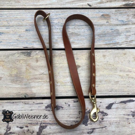 Hundeleine mit Handschlaufe, Leder in cognacfarben und 2 cm breit