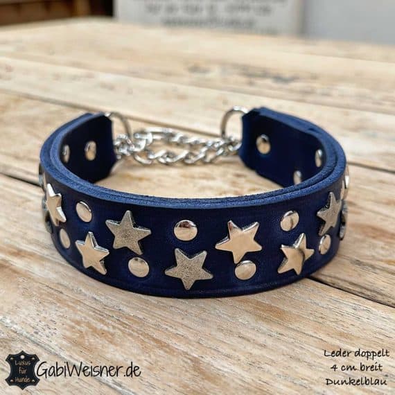 Zugstopp Hundehalsband aus Leder doppelt 4 cm breit Dunkelblau
