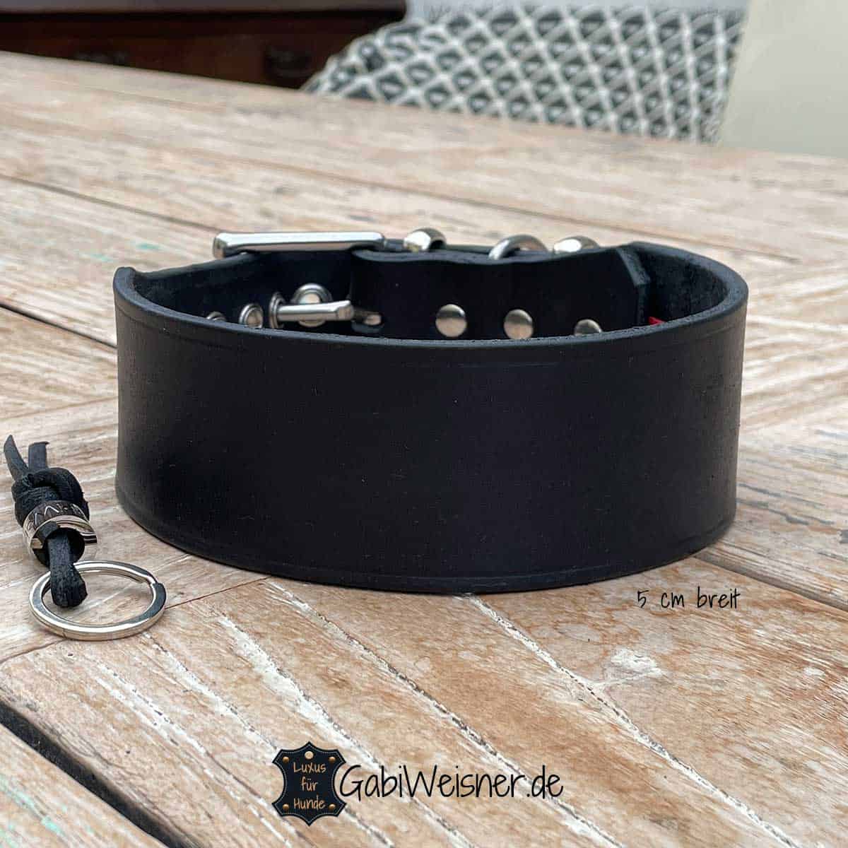einfaches Hundehalsband aus Leder 5 cm breit Schwarz Edelstahl