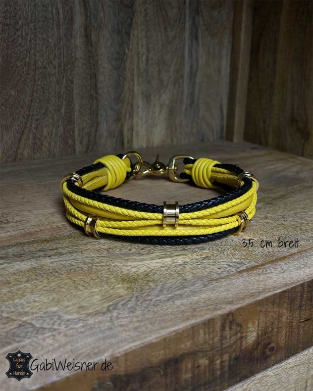 Luxus Hundehalsband aus Leder im Mix mit edlem Nappaleder in Gelb und Schwarz. Bestückt mit 3 oder 5 Ohr-Tunnel aus vergoldetem Chirurgenstahl 316L.