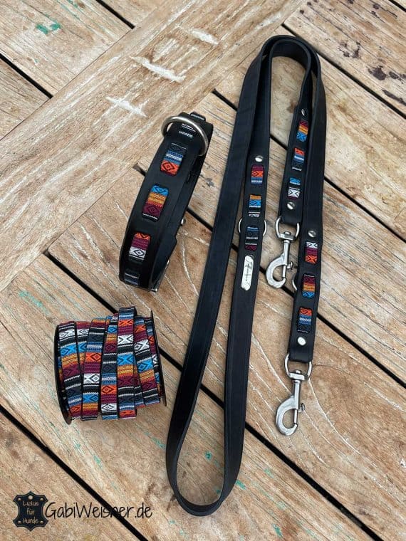 Hundehalsband und Leine aus Leder SCHWARZ BUNT Ethno-Look.