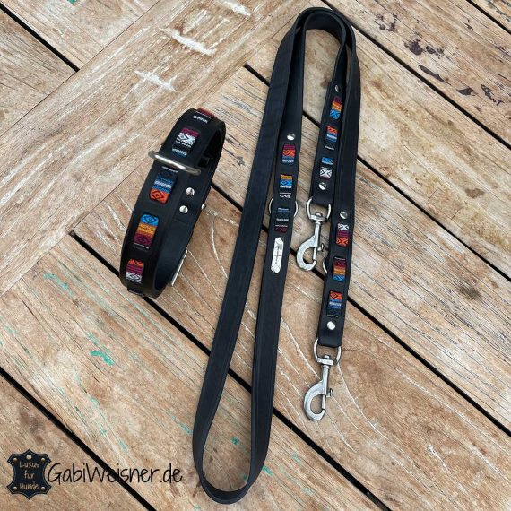 Hundehalsband und Leine aus Leder SCHWARZ BUNT Ethno-Look.