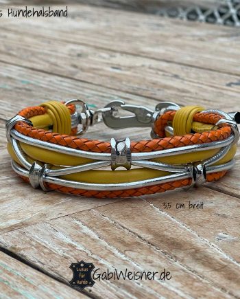 Luxus Hundehalsband im Leder Mix mit Gelb-Orange-Silber. Dekoriert mit 5 Ohr-Tunnel aus Chirurgenstahl. Luxus für kleine und mittelgroße Hunde.