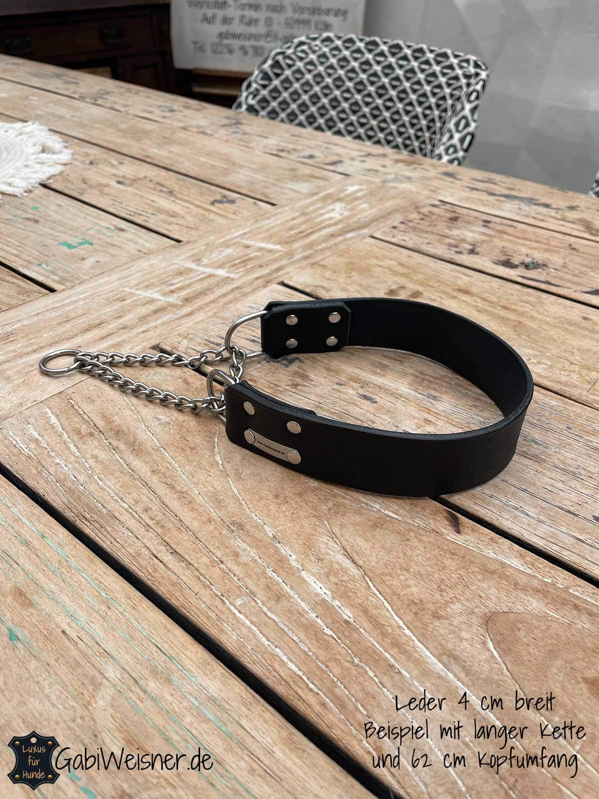 Hundehalsband, eine Lage Leder 4 cm breit, Zugstoppkette