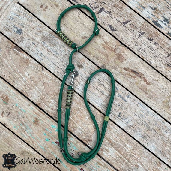 Luxus Retrieverleine aus Leder in Grün, Halsband mit Zugstopp