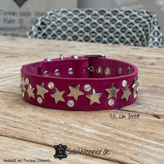 Hundehalsband Leder Pink 35mm breit Sterne Preciosa Strass