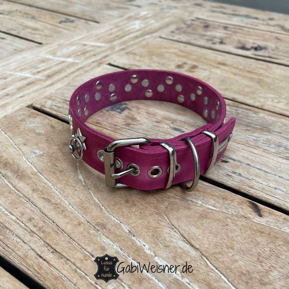 Hundehalsband Leder Pink 35mm breit Sterne Preciosa Strass