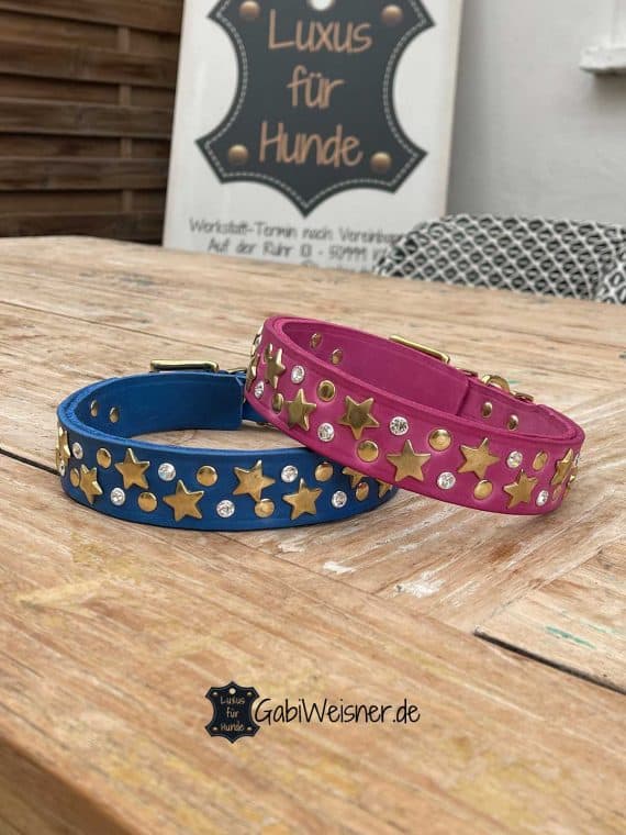 Hundehalsband mit Strass und Sterne auf Leder in Sonderfarben