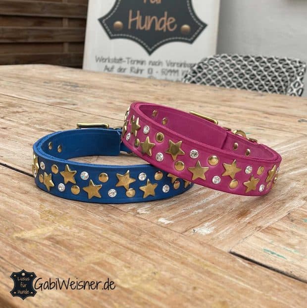 Hundehalsband mit Strass und Sterne auf Leder in Sonderfarben