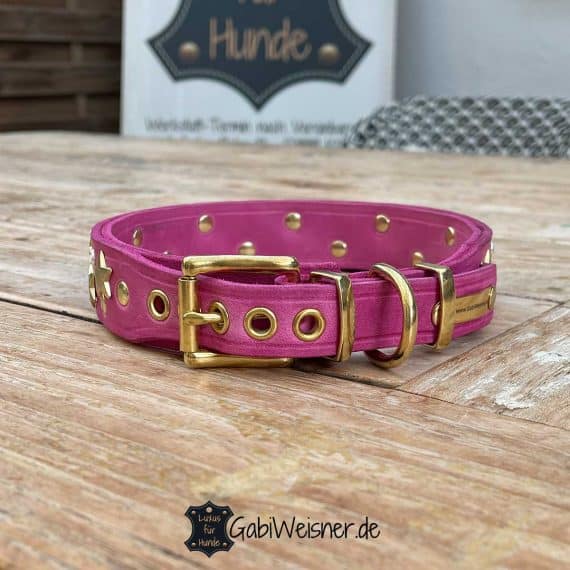 Hundehalsband mit Strass und Sterne auf Leder in Sonderfarben