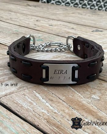 Zugstopp Hundehalsband mit Namensschild, Leder 3 cm breit