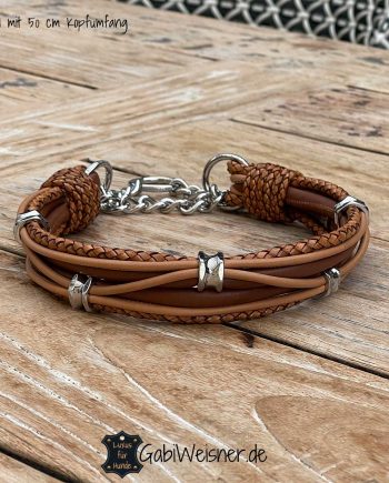 Luxus Hundehalsband mit Ohr-Tunnel, Leder Mix in Hellbraun, Mandel und Antik-Braun, Zugstopp