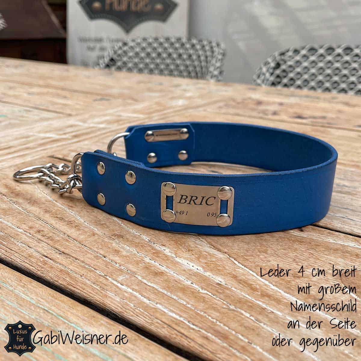 Zugstopp Hundehalsband Leder Leder 4 cm breit mit großem Namensschild, Leder Sonderfarbe Azurblau.
